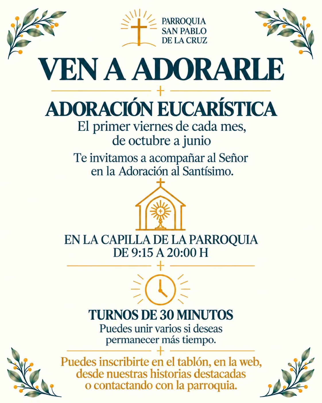 Cartel de la adoración eucarística: Ven a adorarle, el primer viernes de cada mes