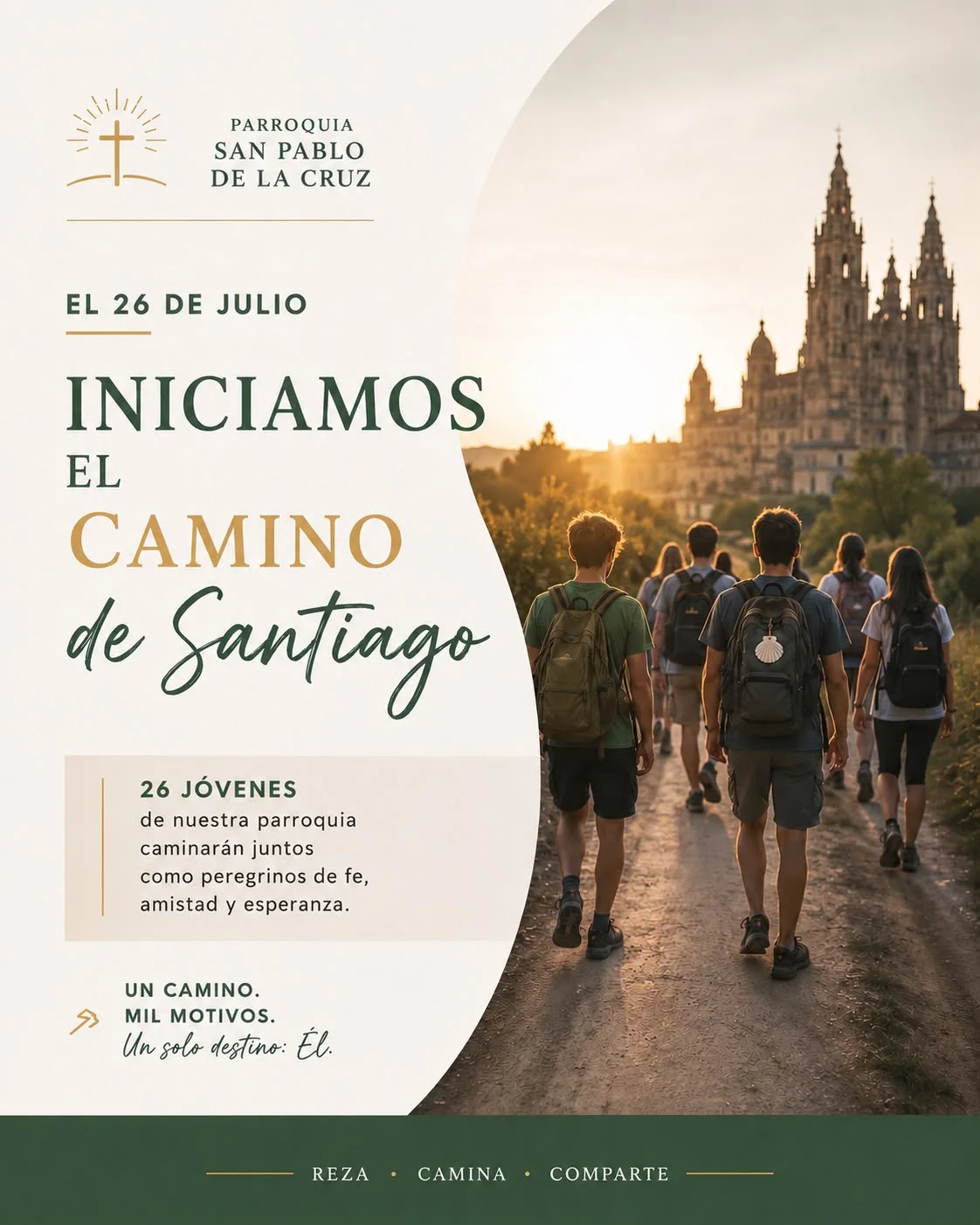 Cartel del Camino de Santiago 2026 de la Parroquia San Pablo de la Cruz, con un grupo de jóvenes peregrinos caminando hacia la catedral
