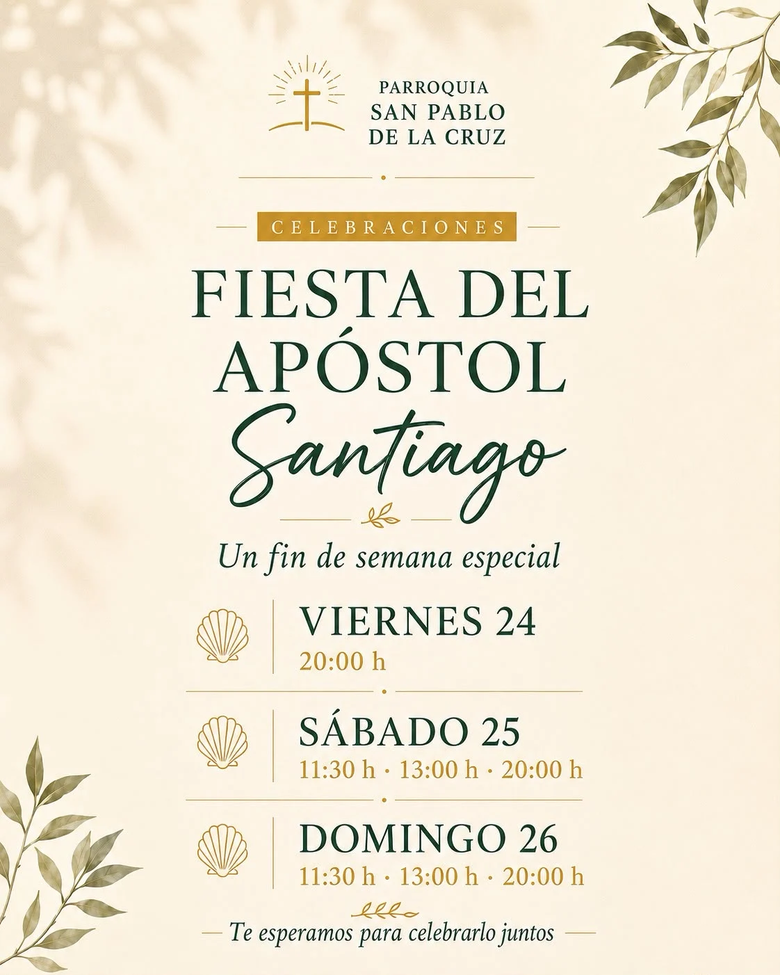 Cartel de las celebraciones de la fiesta del Apóstol Santiago, del 24 al 26 de julio de 2026, en la Parroquia San Pablo de la Cruz