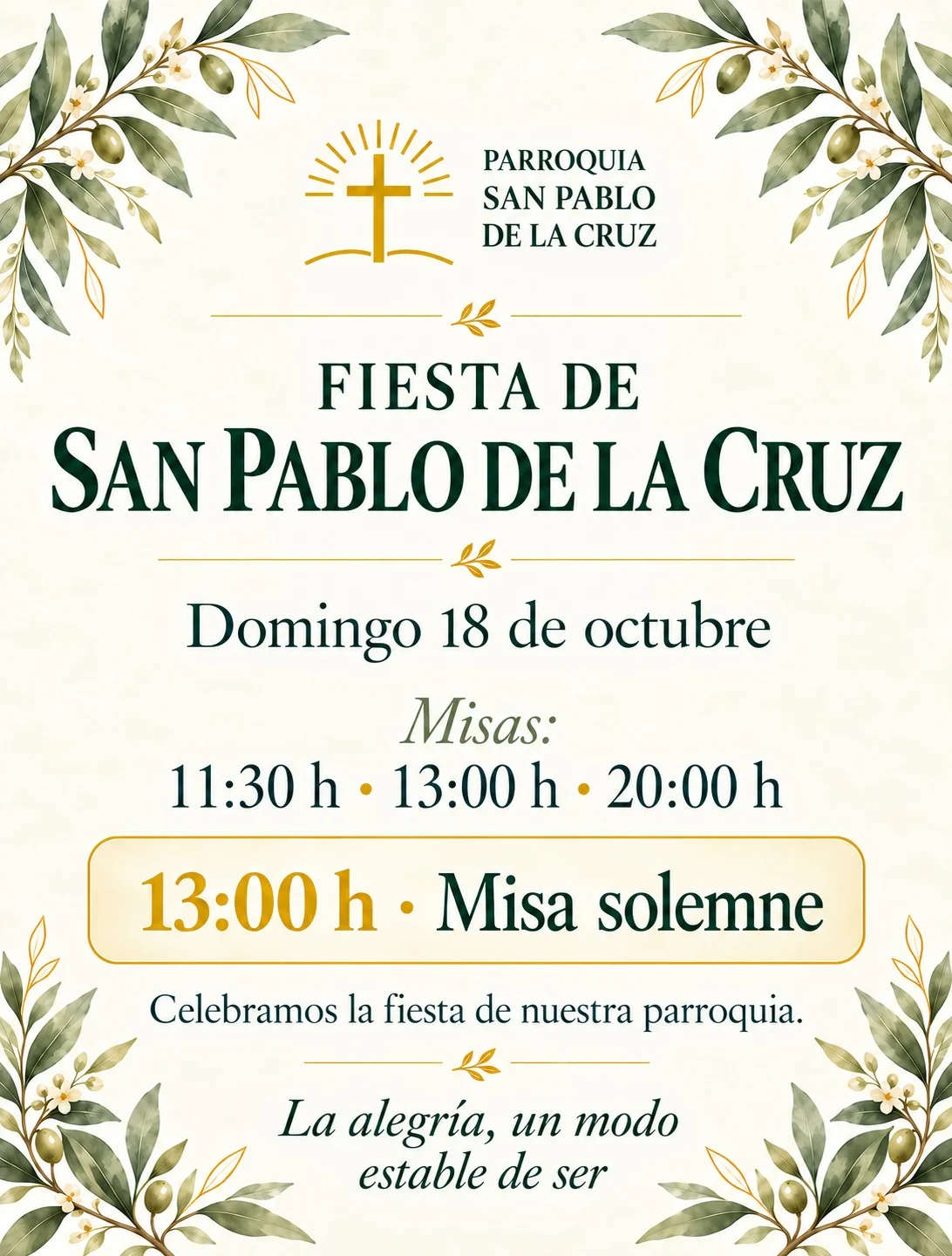 Cartel de la fiesta de San Pablo de la Cruz del domingo 18 de octubre, con misas a las 11:30, 13:00 y 20:00 h y misa solemne a las 13:00 h